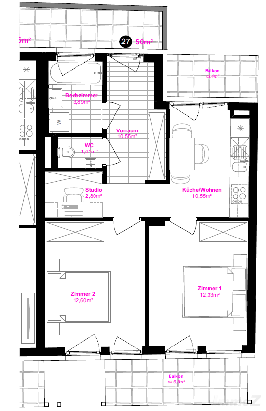 2-Zimmer-Wohnung mit zwei Balkonen