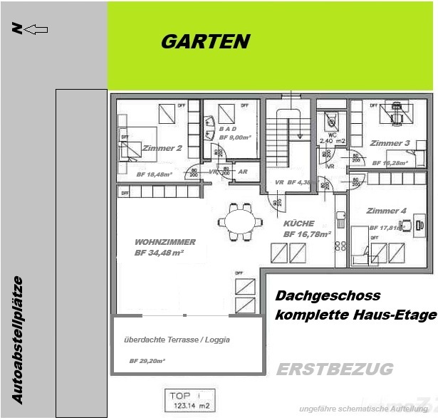 125m2 BF --GR OG mit überdachter Terrasse schematische Aufteilung