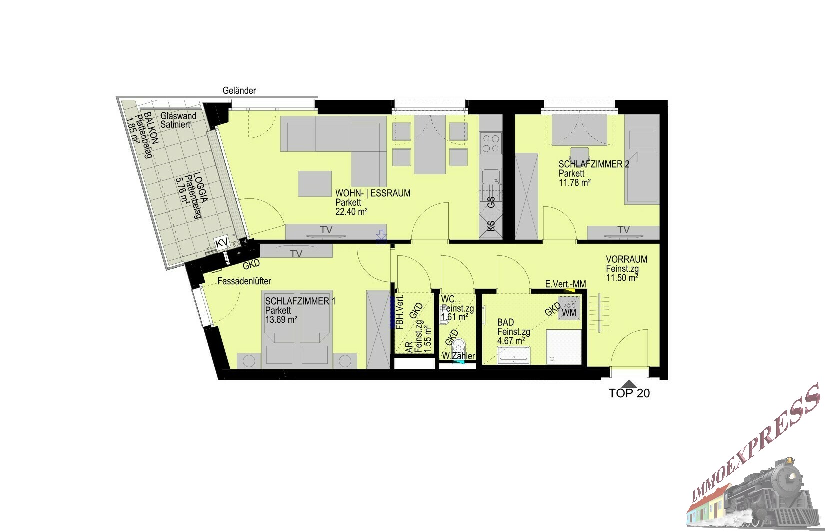 Erstbezug – Perfekt aufgeteilte 3-Zimmer-Wohnung mit Loggia und Balkon im 3. OG in 1140 Wien