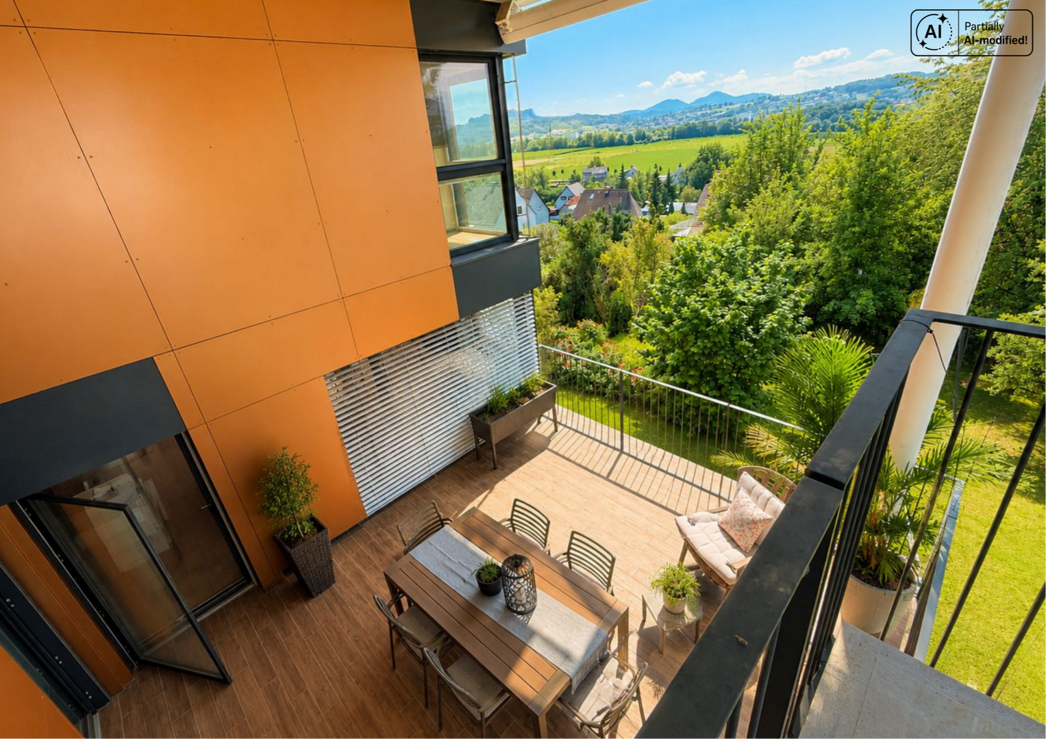 Blick von der oberen Terrasse auf die untere Terrasse