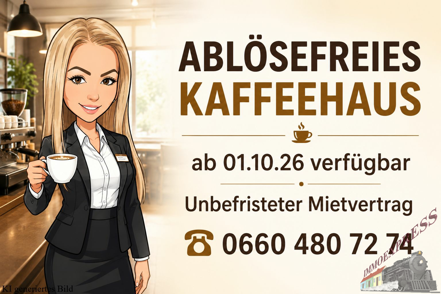 ABLÖSEFREIES KAFFEEHAUS ab 1.10.26 verfügbar . unbefristeter Mietvertrag