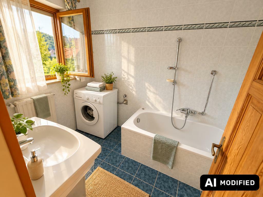 Sonniges, stilvolles Badezimmer mit Pflanzen