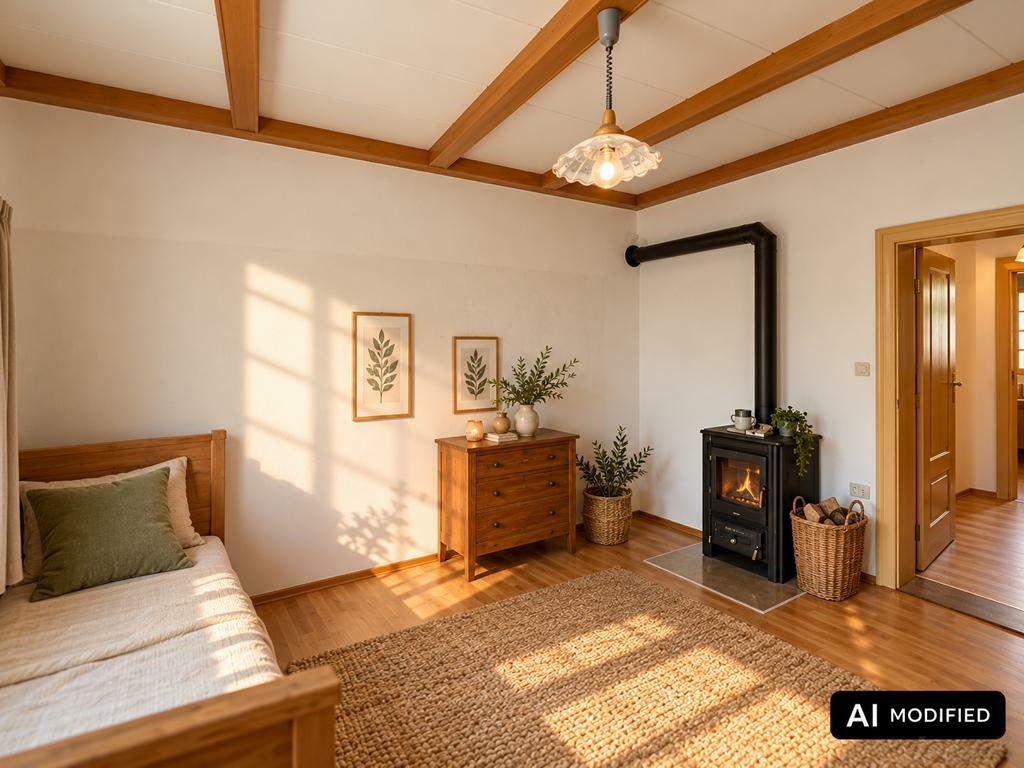 Gemütliches Zimmer mit Holzofen und Tagesbett