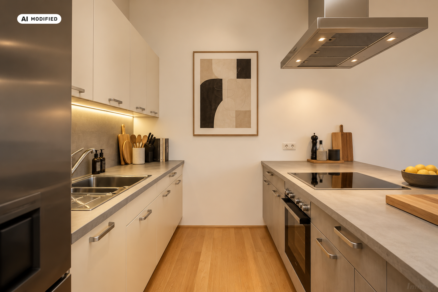 KI-bearbeitet – Minimalistische moderne Galley-Küche