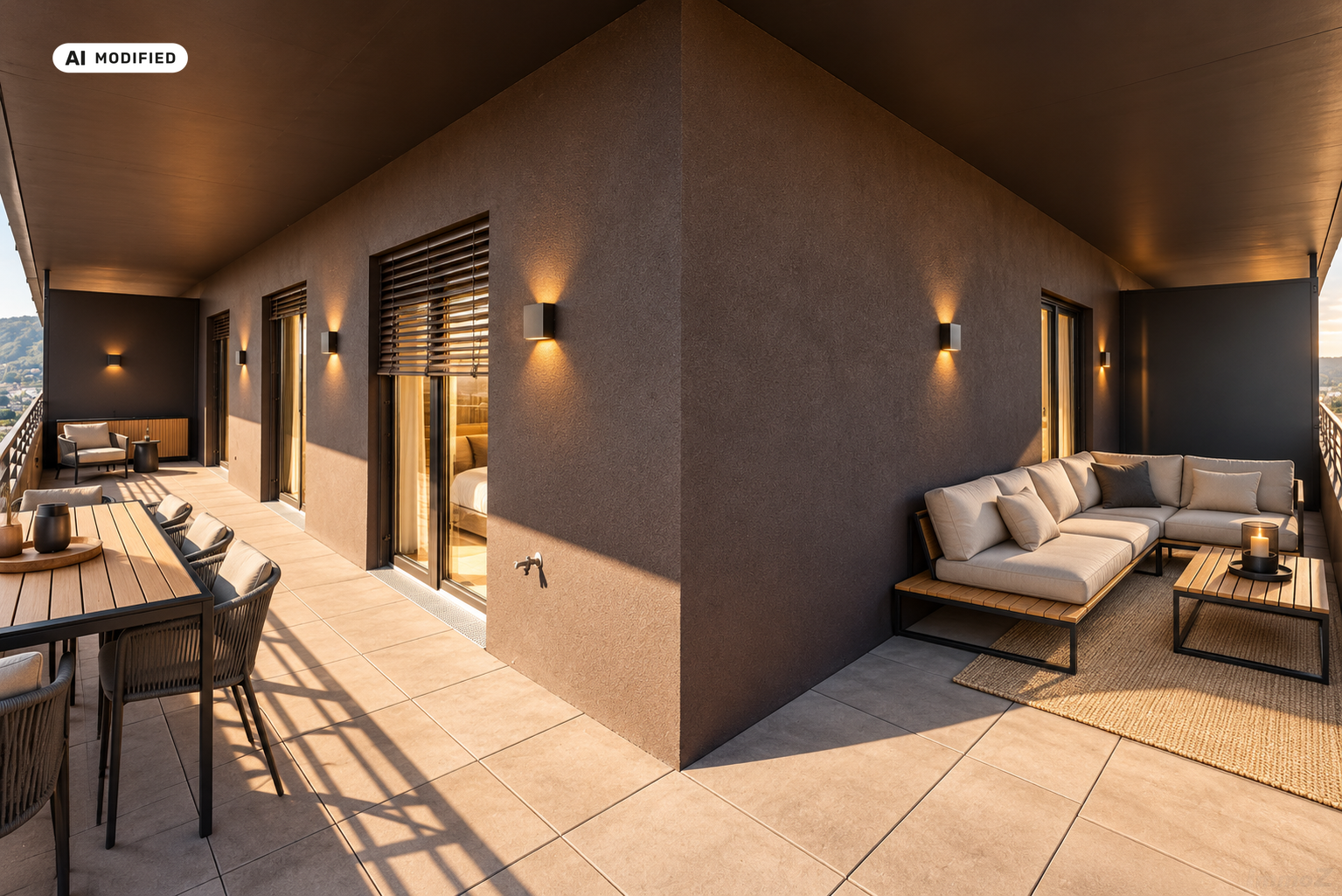 KI-bearbeitet – Moderne Dachterrasse im Abendlicht