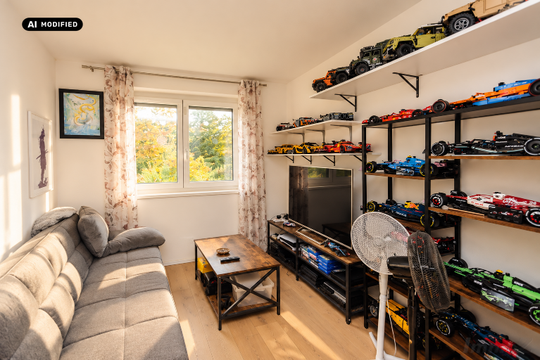 KI-bearbeitet – Sonniger Sammlerraum mit LEGO-Rennwagen_resized_1