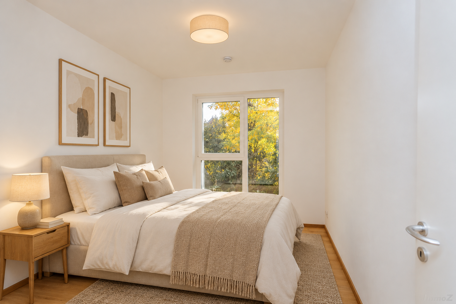 Warmes Schlafzimmer mit beige gepolstertem Bett