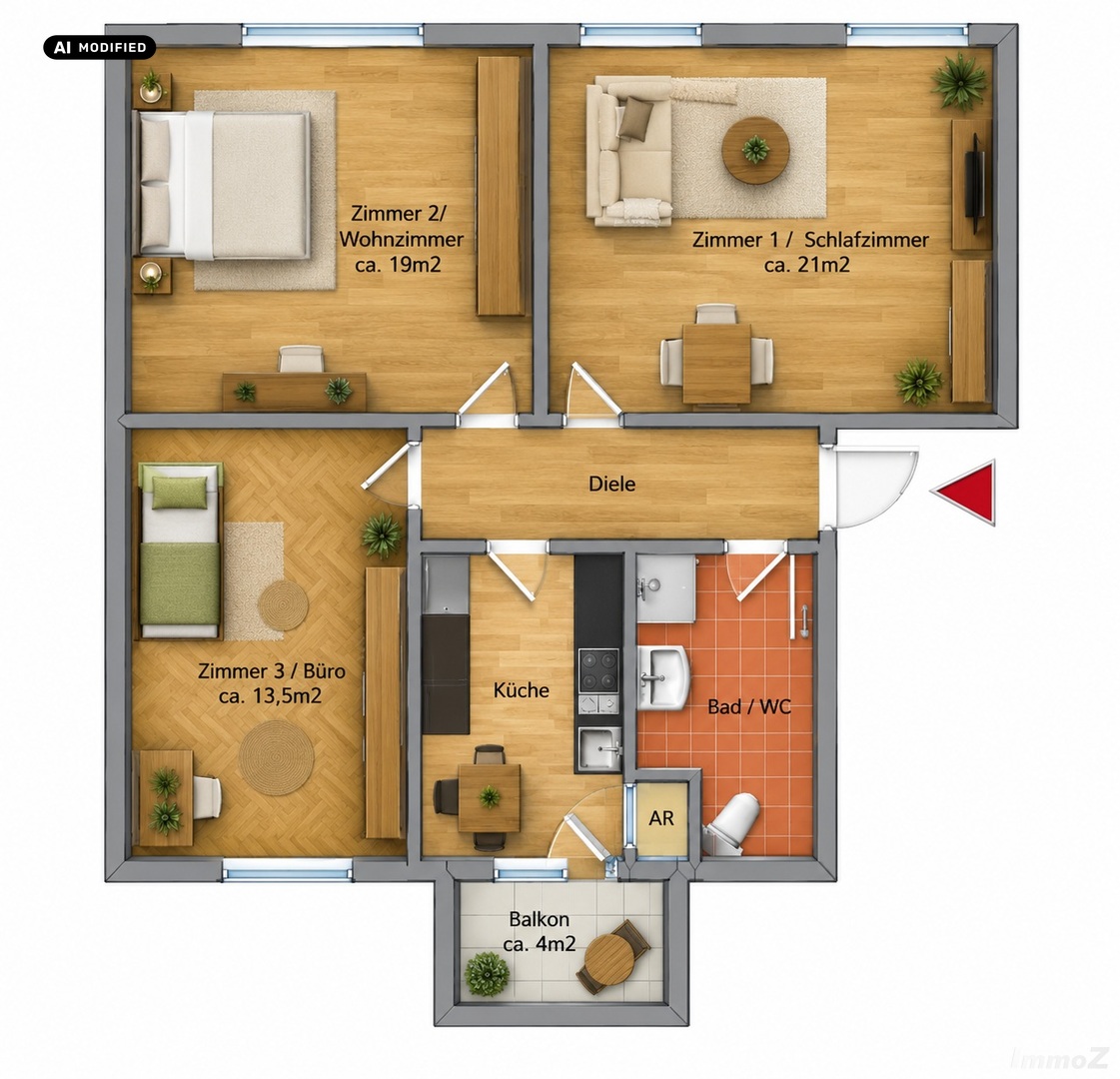 Ab 1.2.2027 -UNI-Nähe: 3-Zimmer Wohnung, sehr gute Raumaufteilung, alle Zimmer sind separiert begehbar